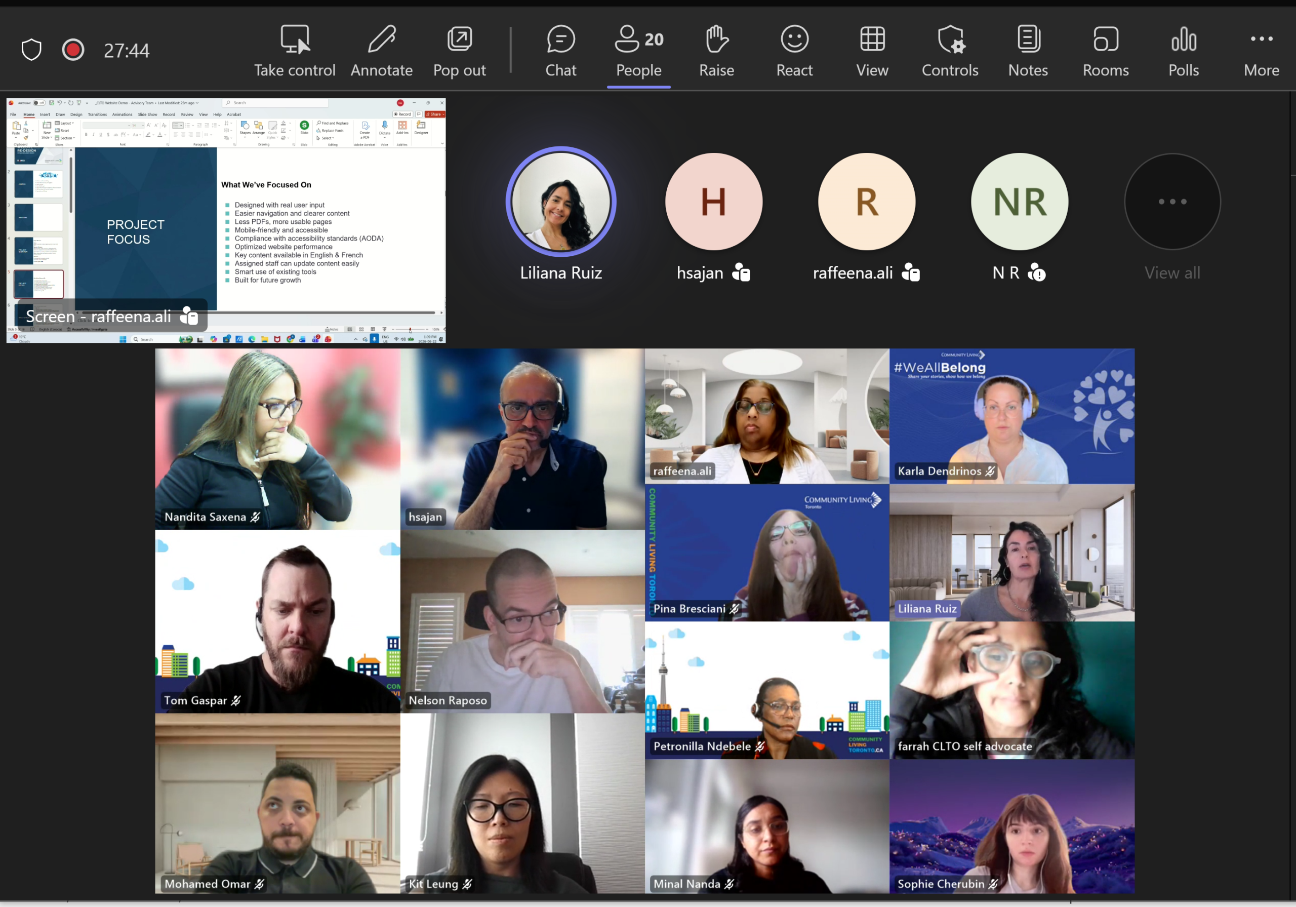 Screenshot of a virtual website review workshop conducted over Microsoft Teams, showing a presentation alongside multiple participants joining the meeting through video and audio.