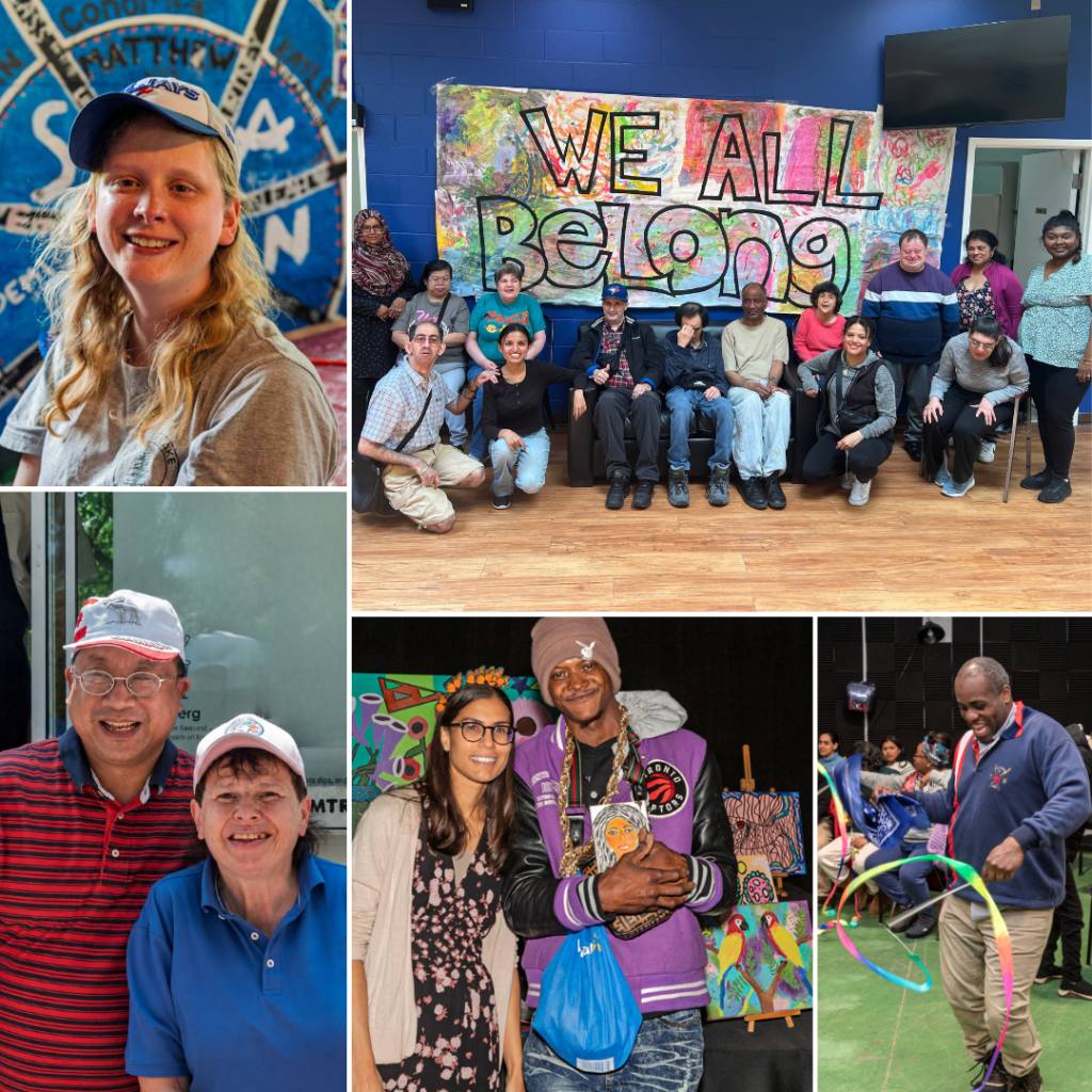 Community members participating in inclusive programs and events, including a group gathering, creative activities, and recreation opportunities.