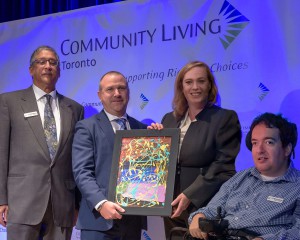 (L-R,) President of the Board, Victor Figueiredo, CEO Brad Saunders, The Honourable Lisa MacLeod, and Self-Advocate Council representative of the Board of Directors, Nelson   Raposo. 