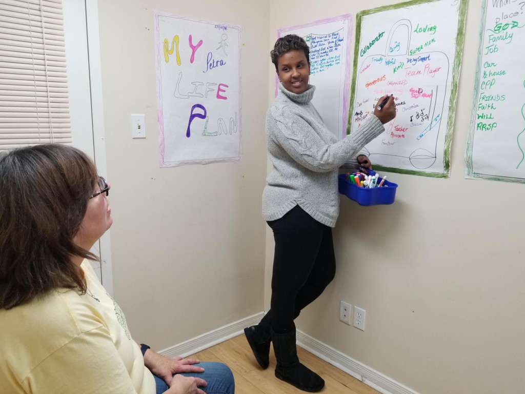 Khulud is standing in front a white board with her  client sitting and listening. 