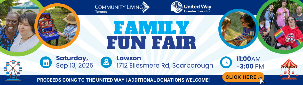 Family Fun Fair!

Saturday, 
Sep 13, 2025

Lawson
1712 Ellesmere Rd, Scarborough

11:00 AM  
-3:00 PM

Proceeds going to the united way | ADDITIONAL DONATIONS WELCOME!

Click here to learn more