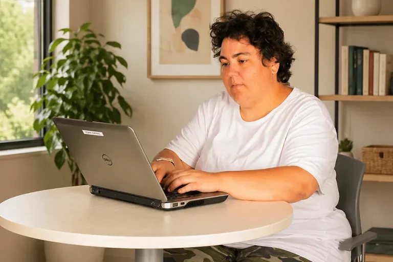 A person sitting at a table using a laptop in a bright indoor space with plants and shelves nearby.