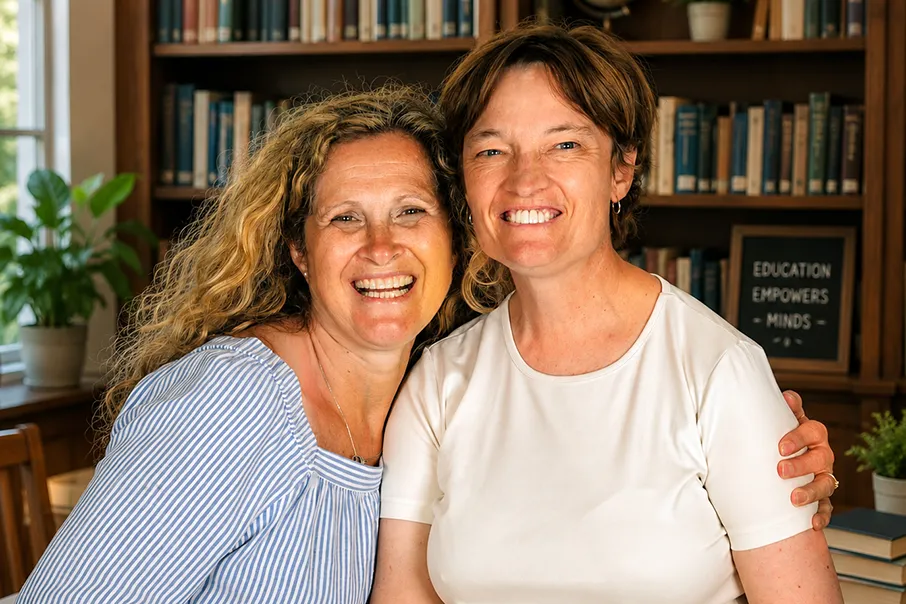 Two women smiling together in front of bookshelves in a cozy living room setting,