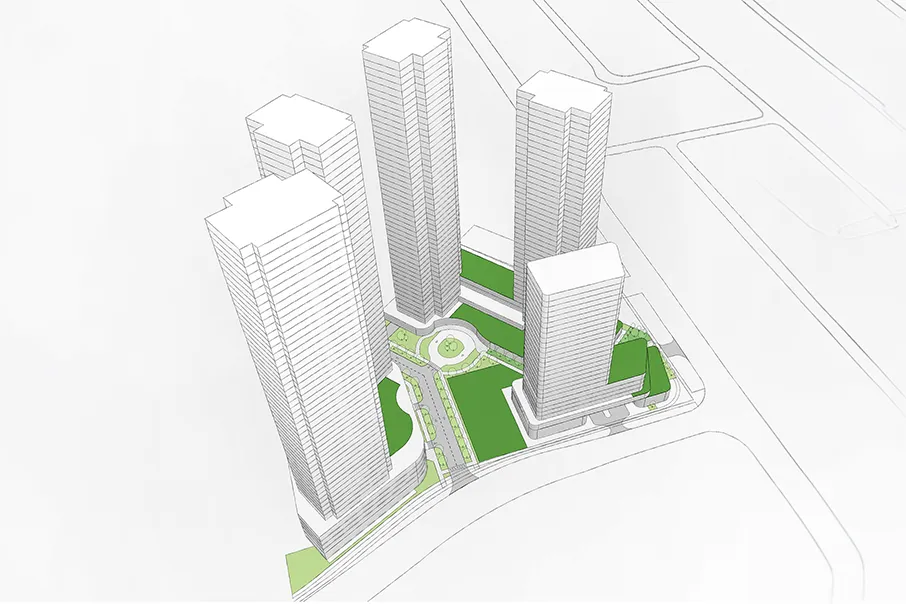 Site plan rendering showing four residential towers surrounding landscaped green spaces, walking paths, and a central circular plaza.